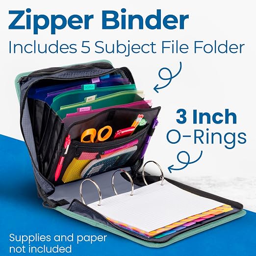 Case-it Zipper Binder | 3-Inch O-Rings | 600-Sheet | D-146 Northern Lights | Mighty Zip Tab, 5-Subject Expanding File Folder, Multiple Pockets, Storage Organizer, Shoulder Strap, School & Office