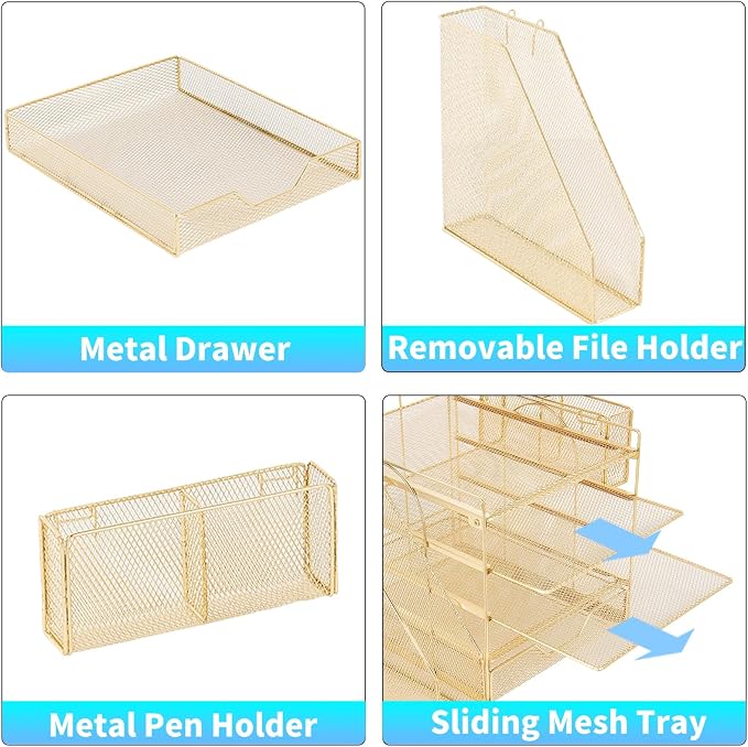 5-Tier Desk File Organizer with Drawer & Pen Holder (Gold) | Desk Organizers and Accessories, Office Desk Accessories & Workspace Desktop Organizers for Classroom, Home, Office Supplies
