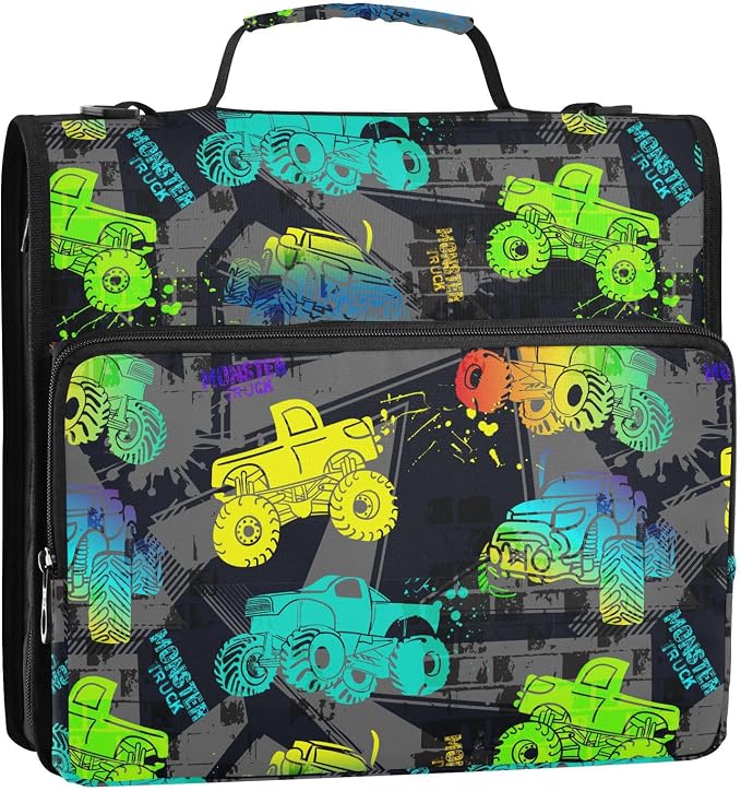 Monster Trucks Print Zipper Binder Bag 3 Ring with Shoulder Strap & Handle Multi Pocket Binder Organizer Bag Large Capacity for School Office Supplies