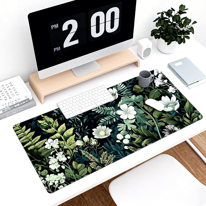 Floral Aesthetic Wildflower Gaming Mouse Pad, Forest Green Moody Forest Desk Mat with Anti-Slip Base & Stitched Edges,35.4" x 15.7" in Table Mat for Computer Desktop, Beautiful Workstation Decor