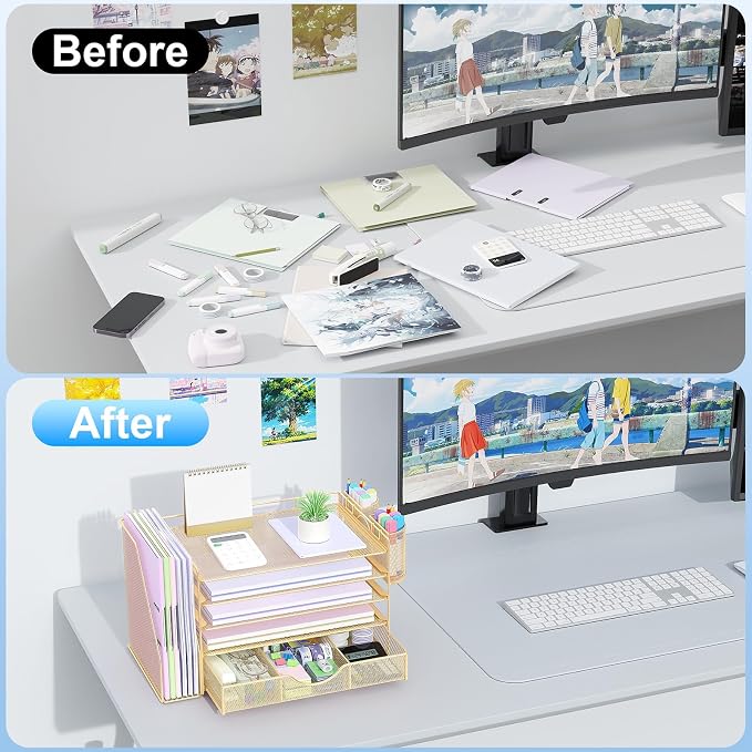gianotter 5-Tier Desk Organizer with Drawers and File Holders | Letter Trays and Pen Holders - Workspace Accessories for Office Supplies (Gold)
