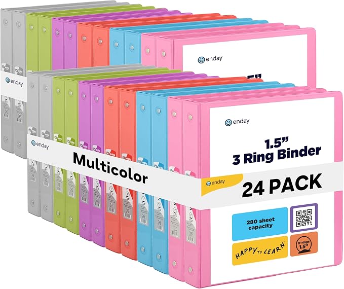 Enday 1.5 Inch Binder (24 Pack - Assorted Colors) 3 Ring Binder 1.5 inch with Clear View Cover and 2 Inside Pocket - for Letter Size 8.5 x 11'' Paper, Ideal for School Supplies, Office, and Home
