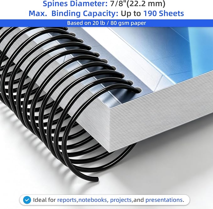 Rayson 7/8" Plastic Spiral Binding Coil, 190 Sheets Capacity, 4:1 Pitch 22.2mm Black Coil Binding Spines for Business and Educational Purposes, 50 Pack