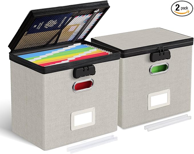 Oterri Lockable File Box Small 2-Pack Hanging Organizer for Letter-Size | Dustproof Lid. 3 Mesh Pockets. Collapsible Scratch-Resistant GRS Linen. Slide Rails. Office, Home, Dorm