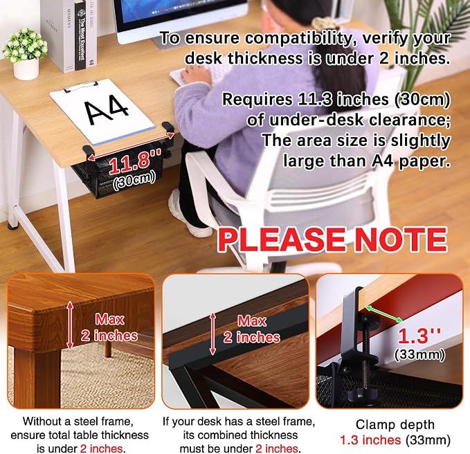 ROSYLINE Under Desk & Desktop Drawer Organizer, 2-Tier Big Capacity | Steel Construction, Clip-On No Drill Installation, Fits A4 Paper, for Office & Household Supplies