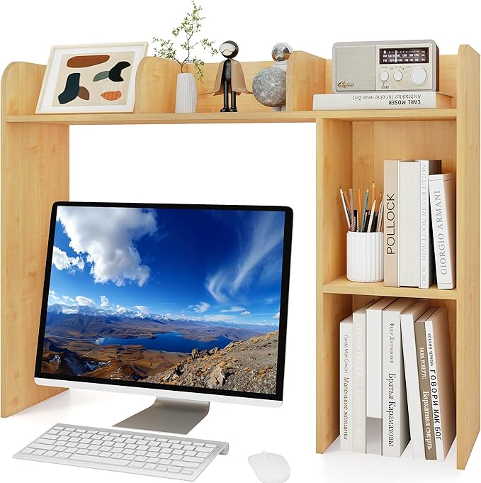 WAYTRIM Desk Shelf, Desk Hutch 3-Tier Desktop Bookshelf & Desk Organizer Shelf for Top of Desk, Wood Desktop Storage Shelf for Dorm, Office, Small Space, Desk Organizers and Accessories