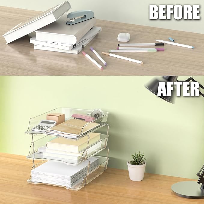 Simple Houseware 3-Tier Stackable Paper Tray for Desk Organizer, Clear | Desktop File Holder for A4/Letter Size Documents, File Sorter, Paper Holder, Office File & Accessories Storage