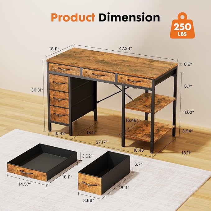 Sweetcrispy 47" Computer Desk with 6 Fabric Drawers & Storage Shelves | Reversible Gaming Desk, Office Desk, Computer Workstation, Corner Desk with Storage, Home Office, Living Room,Rustic Brown