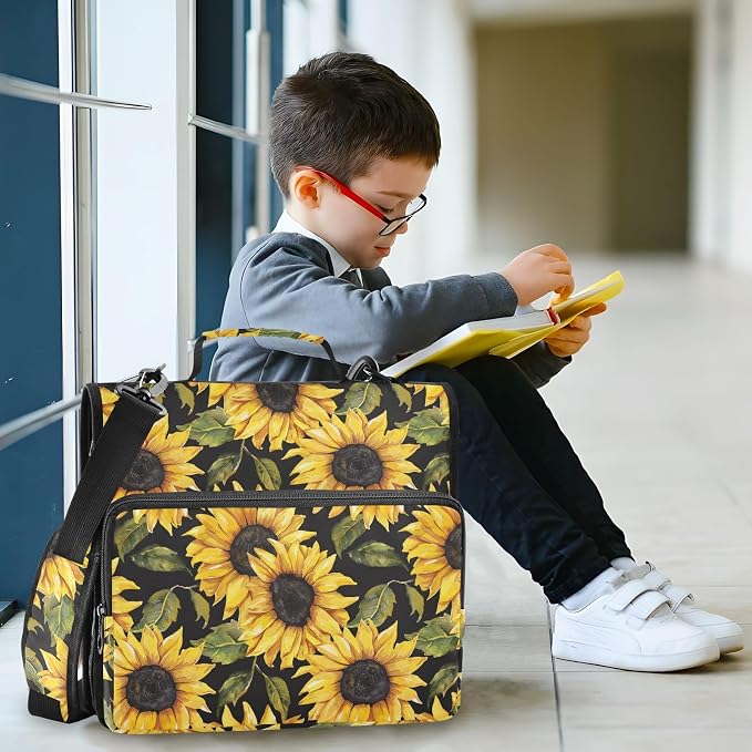 Bright Vintage Sunflower Zipper Binder with Shoulder Strap Bag 3 Ring Binder Organizer Large Capacity Multiple Compartments for School Office