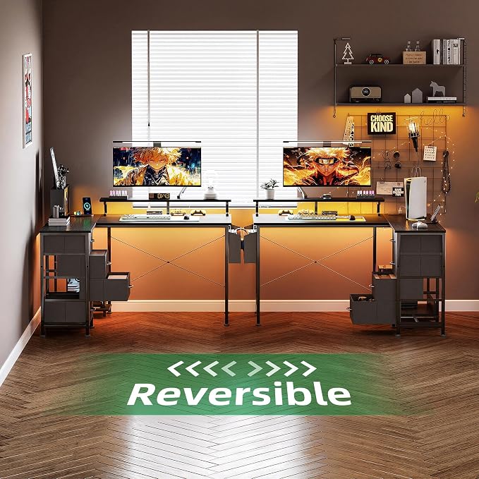 VERMESS 47" Reversible L Shaped Gaming Computer Desk, Corner Desk with Power Outlets & Monitor Stand, Writing Study Table with 4 Storage Drawers, Desk with LED Lights, Black