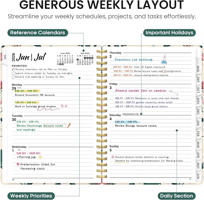 Taja Planner 2026-2027, Jul 2026-Jun 2027 Monthly & Weekly Calendar Planner | 6.3" x 8.5", Hardcover Academic Calendar, Teacher Student Agenda Book with Tabs, School Office Supplies, Blush Peony