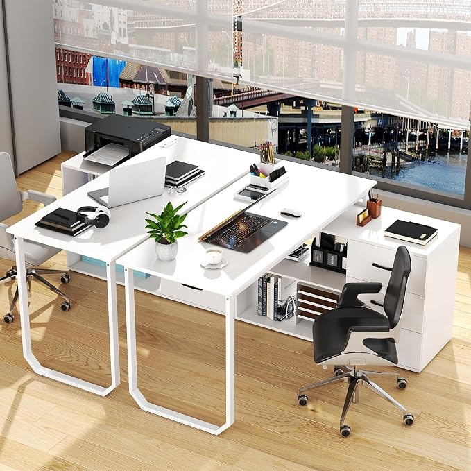 GIANTEX 55 Inch L-Shaped Desk with Charging Station, Reversible Computer Desk with 3 Drawers, Adjustable Shelf, Large Computer Workstation, Corner Desk for Small Spaces, Home Office (White)