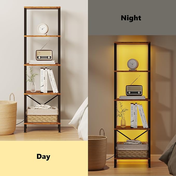 JARHETUN 5-Tier Bookshelf, Tall Narrow Bookcase with LED Lights, Book Shelf with Steel Frame, Office Furniture, Display Storage Shelf for Living Room, Bedroom, Study, Balcony, Rustic Brown