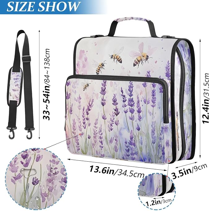 ALAZA Zipper Binder 3 Ring Lavender Bee Binder Organizer with Zipper and Shoulder Strap Large Capacity Multi-Pocket Trapper Keeper File Folder for Office Supplies