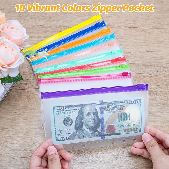 Antner 30PCS A6 Binder Pockets 6-Hole Budget Binder Inserts, 10 Assorted Color Zipper Pouch Folders Cash Stuffing Envelopes for Budgeting, Loose Leaf Filling Bags Money Organizer for A6 6-Ring Binders