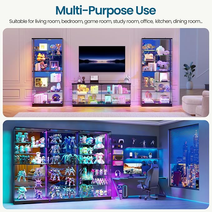 Lvifur 10-Tier Glass Display Cabinet with RGB Light and Motion Sensor,Black | 71''H Lockable Curio Cabinet with Glass Doors,China Cabinets with Removable Shelves for Collectibles,Lighted Showcase