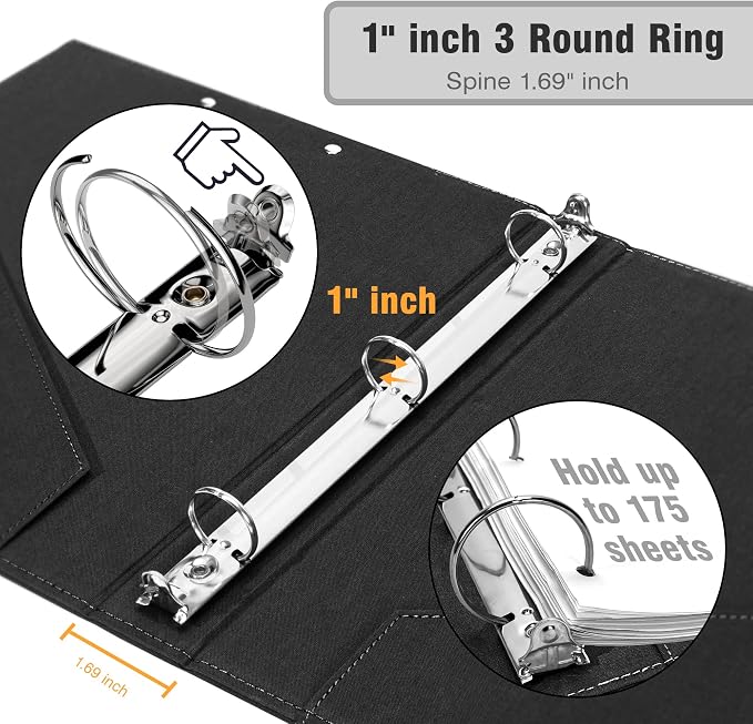 Ospelelf 1 Inch 3 Ring Binder, Black Linen Clipboard Binder with 5 Pocket Dividers & Zipper Pouch for Documents (11" x 8.5"), Hardcover Binder Organizer for School, Office
