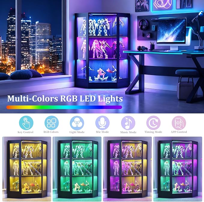 Corner Display Cabinet with Glass Doors, 3-Tier Curio Cabinets with RGB Lights, 42" Display Case with Wood Shelves for Collectibles, Black