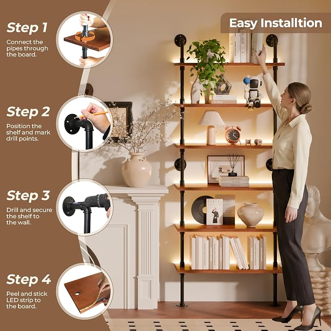 6-Tier LED Ladder Shelf, Wall Mounted Pipe Bookshelf, Walnut Brown 36 Inch | Solid pine 6-tier wall mounted pipe bookshelf with warm LED lights, 40 lb shelves, for books, plants and decor