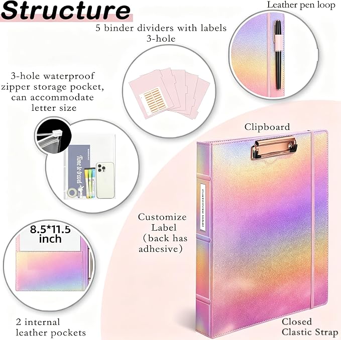 3-Ring Binder 1-inch with Clipboard, Holographic Silver Glitter Design, Including 5 Divider Pages, File Bag and Spine Label - Perfect for Schools, Offices and Organizations