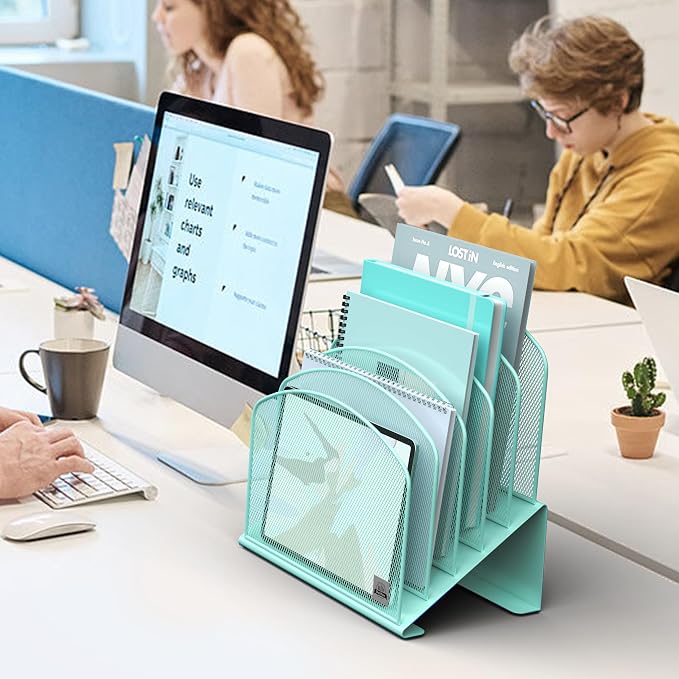 Delifox Inclined Desk File Organizer,Vertical File Folder Holder Stand Metal Rack File Sorter for Office Classroom Desktop Organization (1, Aqua, 5)