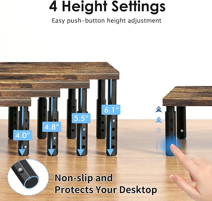 Adjustable Monitor Stand Riser for Desk, Wood Computer & Laptop Stand, Desk Organizers and Accessories, Office Desk Accessories & Workspace Organizer for Home Office Supplies, Brown