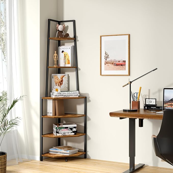 VECELO 6 Tier Corner Shelf 69 Inch Industrial Bookshelf with Metal Frame, Multipurpose Tall Plant Stand with Opening Display Shelves for Living Room, Bedroom, Home Office, Small Space, Brown