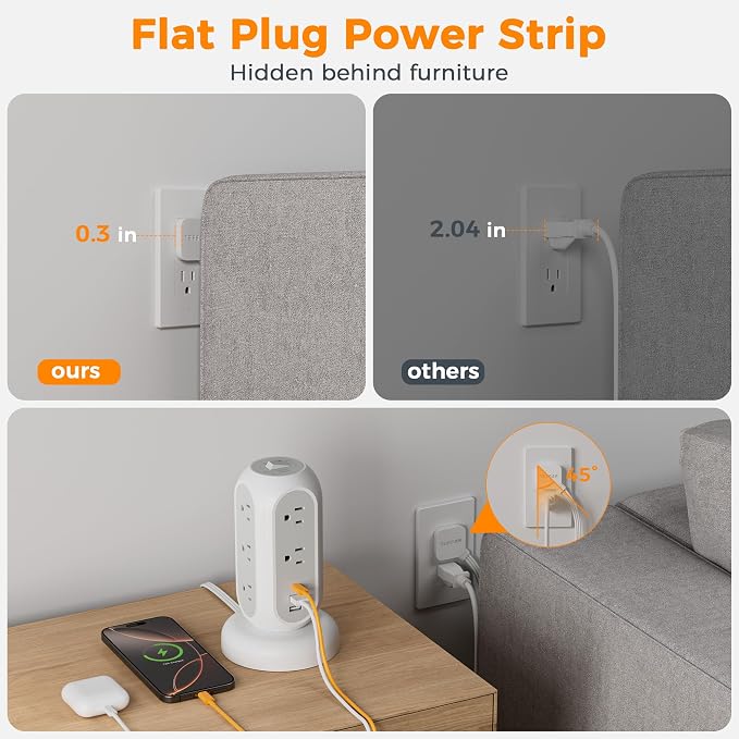 TESSAN Tower Power Strip Flat Plug with 1050J Surge Protection, 5 Ft, Grey | 11 Outlets 3 USB (1 USB C), Surge Protector Power Tower, Retractable Extension Cord with Multiple Outlets for Dorm, Office