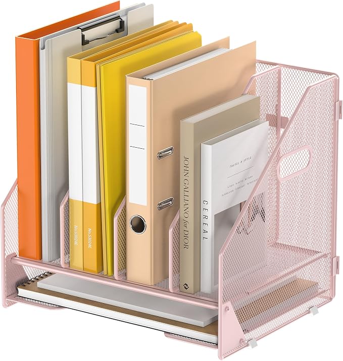4 Vertical Mesh Desk Organizer with Paper Letter Tray, Pink | Sorting racks with lower letter tray section. Multipurpose mesh desktop space saver for home office and school