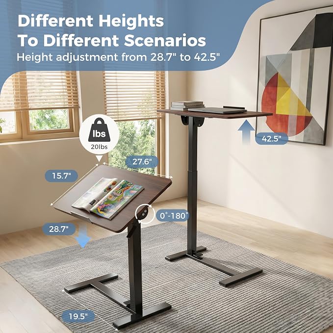 DUMOS Overbed Table with Wheels, Height-Adjustable Bedside Table, Brown | Rolling standing desk with Pneumatic Lift, Portable mobile desk for Bed, Couch, Office, Sofa