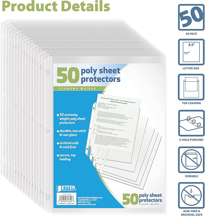 Better Office Products Clear Sheet Protectors, 50 Pack Sheet Protectors 8.5 x 11, Top Load Binder Sleeves for 3 Ring Binder, Durable Transparent Page Protectors for Office School Use