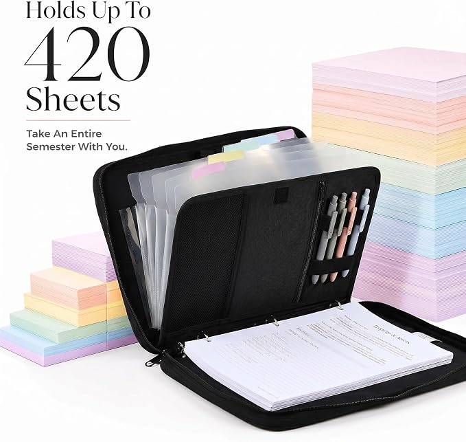 Sturdy 3 Ring Zipper Binder with Strap for School - Beautiful 1 Inch Zip Up Binder with 5-Tab Dividers Holds 420 Sheets, Books & Laptop - Easy to Carry Trapper Keeper Made of Premium Fabrics