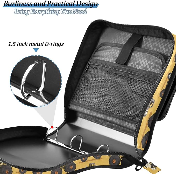 Aslsiy Zipper Binder Bag for Girls Boys Green Monster Trucks Yellow Kids 1.5 inch 3-Ring Binder Organizer with Shoulder Strap for School Office Supplies