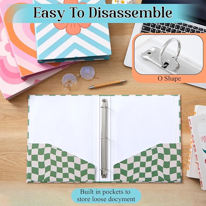 ReliThick 4 Pcs Retro Plaid Floral 3 Ring Binder, 1 Inch Round Ring with Interior Pockets, Decorative Retro Binders, Clipboard Binder, Groovy School Supplies for School Office, Letter Size