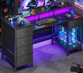 Korfile 47 Inch Gaming Desk with Power Outlets and LED Lights, Reversible Computer Desk with 5 Fabric Storage Drawers, Home Office Desk with Monitor Stand for Working Writing Study, Black | Gaming desk with power outlets &LED lights,reversible design w...