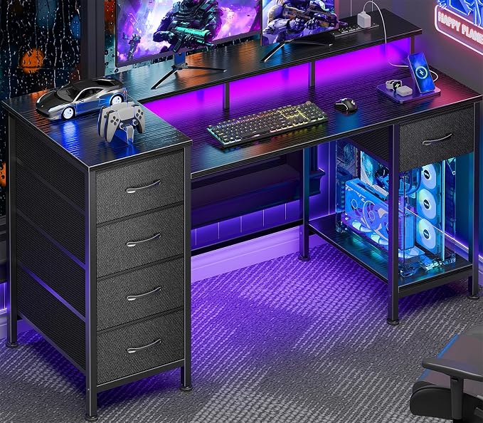 Korfile 47 Inch Gaming Desk with Power Outlets and LED Lights, Reversible Computer Desk with 5 Fabric Storage Drawers, Home Office Desk with Monitor Stand for Working Writing Study, Black | Gaming desk with power outlets &LED lights,reversible design w...