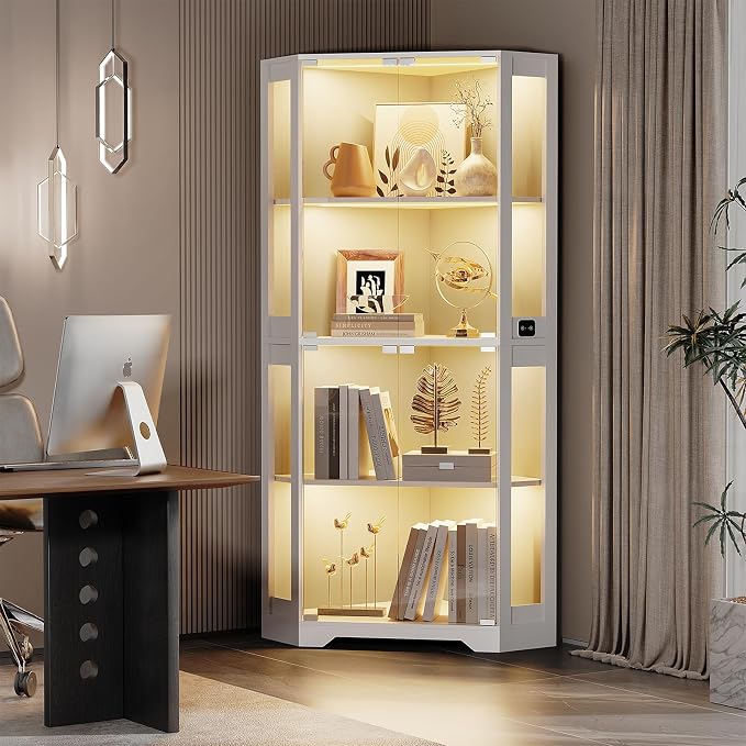 BROTTAR Lighted Corner Display Cabinet with Glass Doors for Collectibles | 65" Curio Cabinet with 3 Color LED Lights, 4-Tier Showcase Display Case with Human Body Sensor for Trophies, Books, White