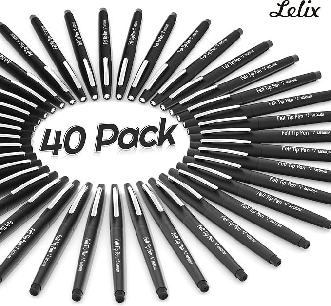 Lelix Felt Tip Pens, 40 Black Pack, 0.7mm Medium Point, Felt Tip Markers Pens for Journaling, Writing, Note Taking, Planner, Perfect for School Office and Art Supplies