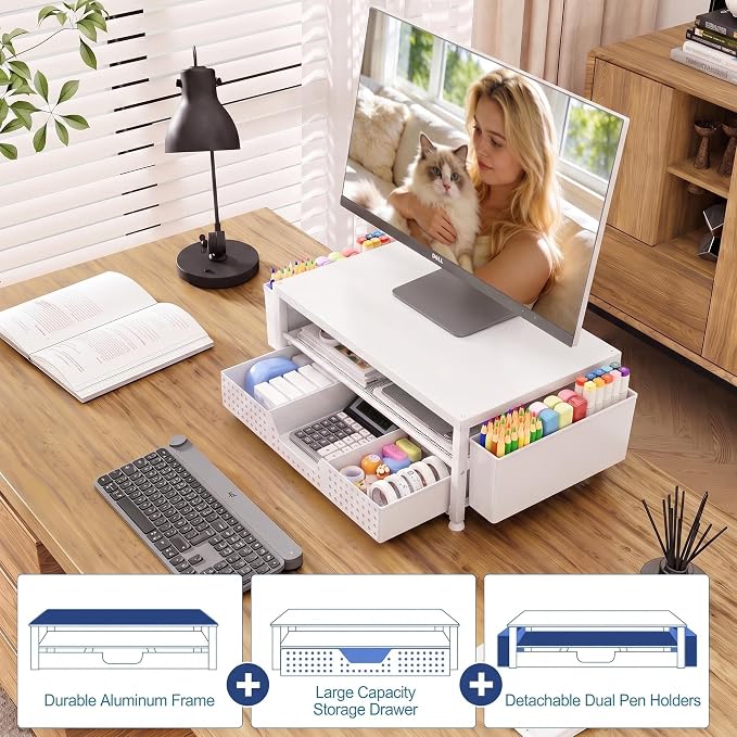 Desk Organizers and Accessories, Computer Monitor Stand Riser with Drawer and 2 Pen Holders, Printer & Laptop Stand, Office Desk Accessories & Workspace Organizers for Home Office Supplies, White