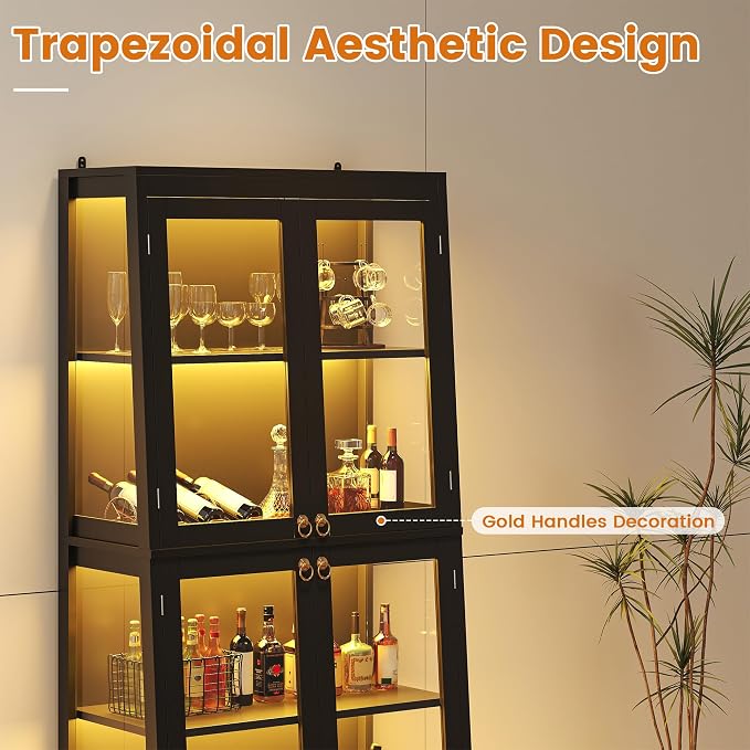 kepptory 65" Glass Display Cabinet with LED Light, Trapezoidal Display Case with 4 Tempered Glass Doors, Curio Storage Cabinet for Collectibles, Figures, Awards, Book and Toy (Black)