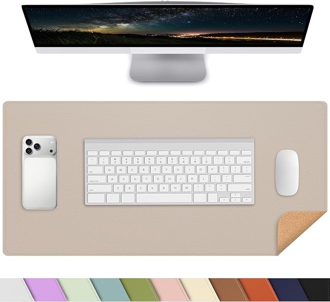 AFIING Desk Mat, Beige, 23.6" x 13.8", Desk Pad Protector | Dual-Sided Cork & PU Leather, Waterproof, Non-Slip for Mouse, Writing, Home Office, Study & Laptop