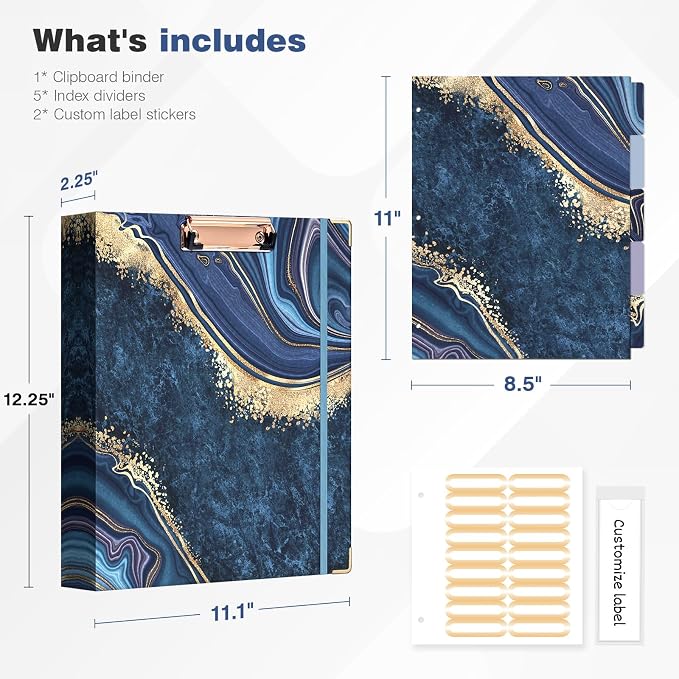 Ospelelf 3 Ring Binder, 1.5 Inch, Letter Size (11" x 8.5") with 5 Tab Dividers, File Folder Labels and Low Profile Clipboards, Blue Marble Binder for School and Office Supplies