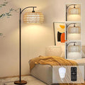 Arc Floor Lamps for Living Room Rattan Boho Floor Lamp with Remote Control,Dimmable LED Floor Lamps Wicker Lamp Shades Black Standing Lamp with 3 Color Temperature Tall Floor Lamp For Bedroom Corner
