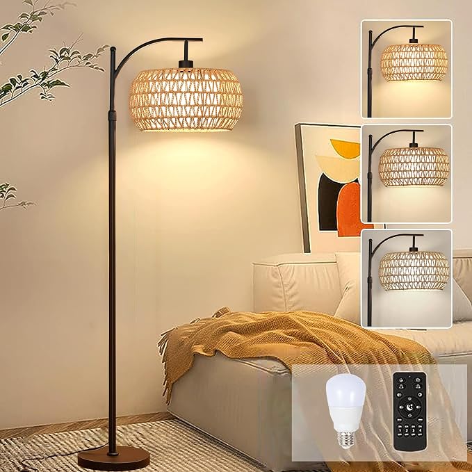 Arc Floor Lamps for Living Room Rattan Boho Floor Lamp with Remote Control,Dimmable LED Floor Lamps Wicker Lamp Shades Black Standing Lamp with 3 Color Temperature Tall Floor Lamp For Bedroom Corner