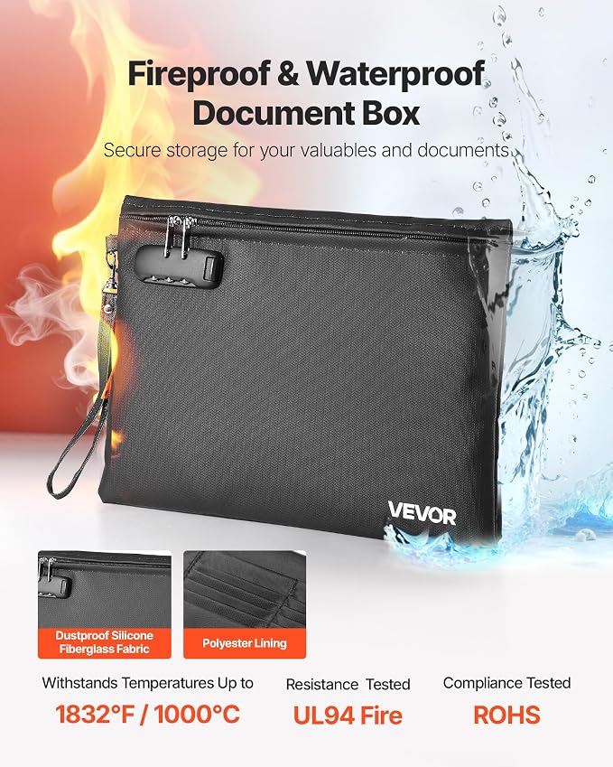 VEVOR Fireproof Document Bag, 1832 ℉ Heat Insulated Fireproof & Waterproof Bag with Lock, Portable File Storage Security Organizer Home Office Travel Use, for Passports, Important Documents & Files