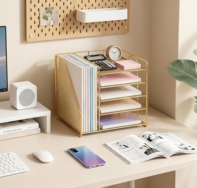 Desk Organizer, 5-Tier Paper Organizer Letter Tray, Gold | Desk Organizers and Accessories, Office Desk Accessories & Workspace Organizers, Desktop File Organizer for Office Supplies