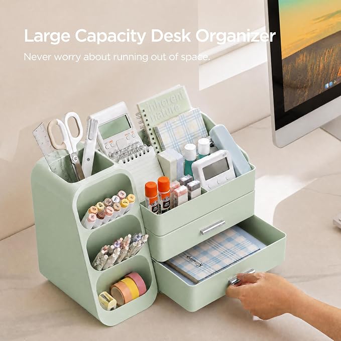 HBlife Desk Organizer with Pen Pencil Holder for Desk, Pen Organizer with 2 Drawers, Desk Organizers and Accessories with 4 Compartments, Desktop Storage for Office Home School Art Supplies, All Green