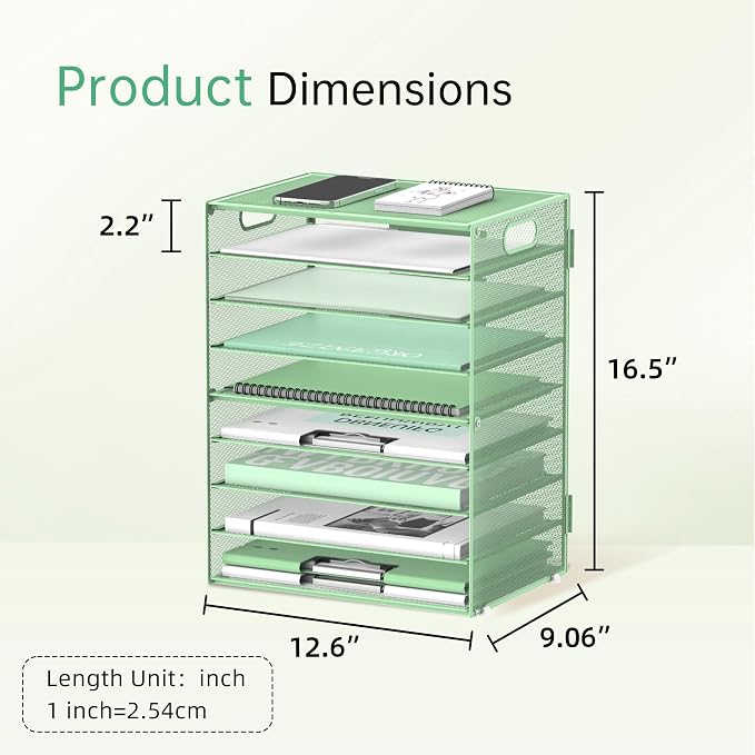 9-Tier Paper Organizer for Desk with Handles, Mint Green, 2 Pack | Desk File Organizer with Removable Trays for Sorting Files, Folders, Mail and Printer Paper at Home, School or Office