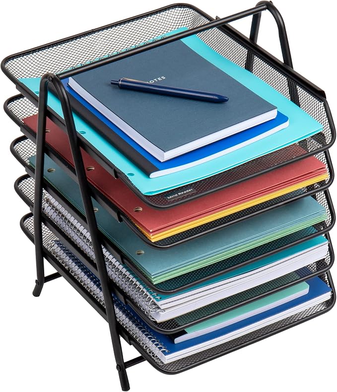 Mind Reader 5-Tier Paper Tray, Desktop Organizer, File Storage, Office, Metal Mesh, 11.75"L x 14"W x 15"H, Set of 2, Black