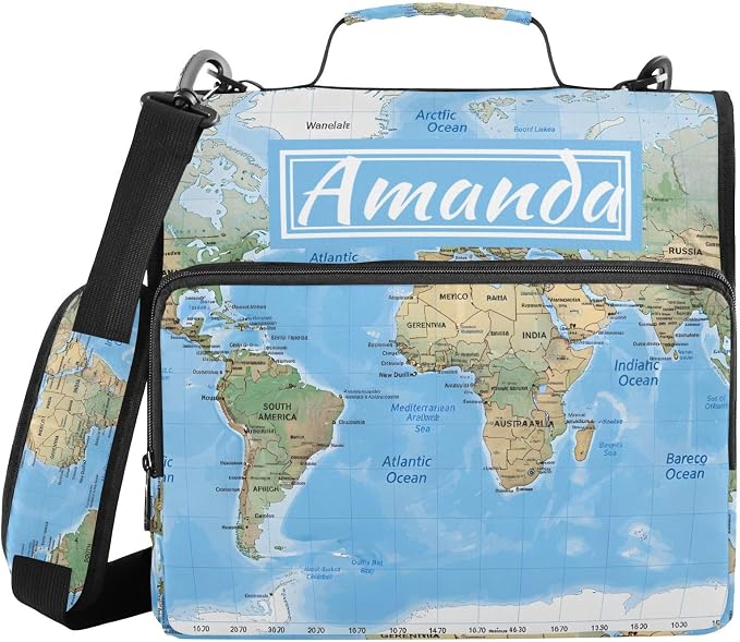 Custom 3 Ring Zipper Binder World Map Blaue Personalized Name 1.5 inch Binders Large Capacity Multi Pockets for School Office Supplies